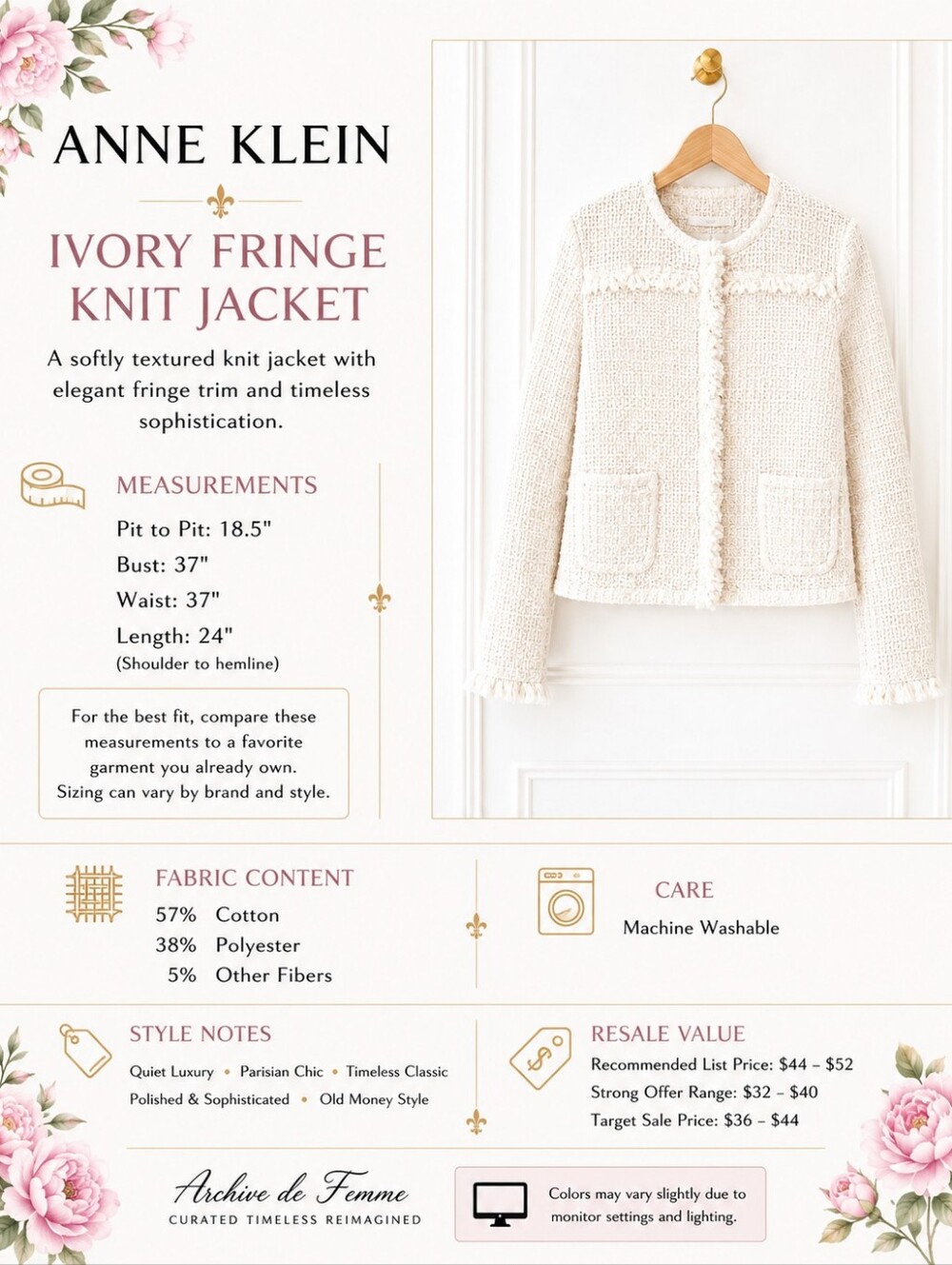 Anne Klein Ivory Textured Knit Fringe Cropped Jacket | Size LP | Quiet Luxury - Picture 7 of 10